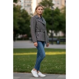 DONNYBROOK Womens Black White Herringbone Belted Moto Jacket Size S